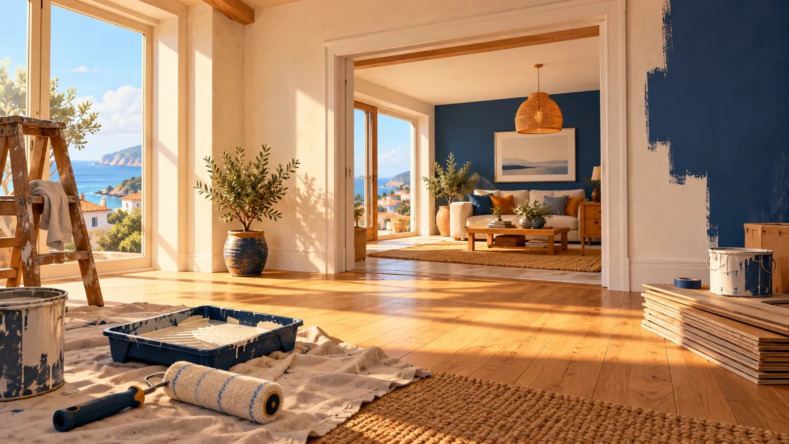 Original editorial illustration of a coastal home renovation